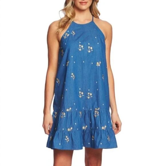 Cece Chambray Denim Sunflower Embroidery Spaghetti Straps Dress - Picture 1 of 9